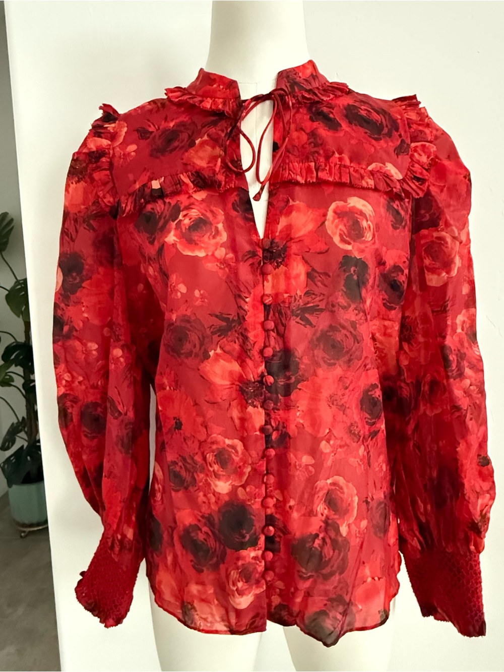 Alice and Olivia Red Rose Ruffle Tie-Neck Blouse - Women